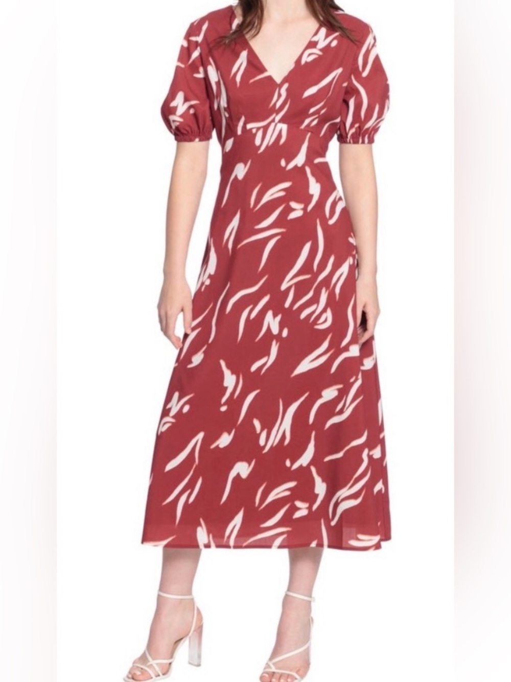 Donna Morgan Red Puff-Sleeve V-Neck Midi Dress EUC $86